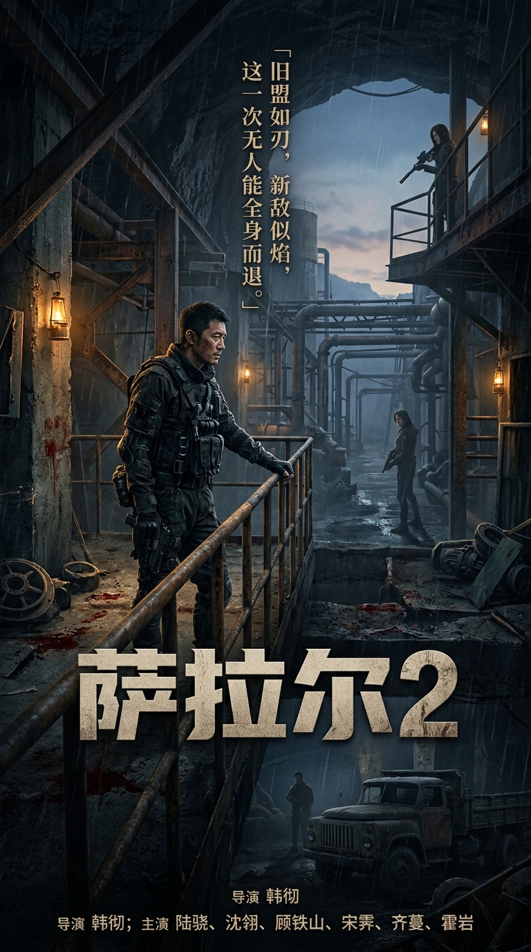 《萨拉尔2》主视觉海报：陆骁与沈翎在矿道中持枪对峙
