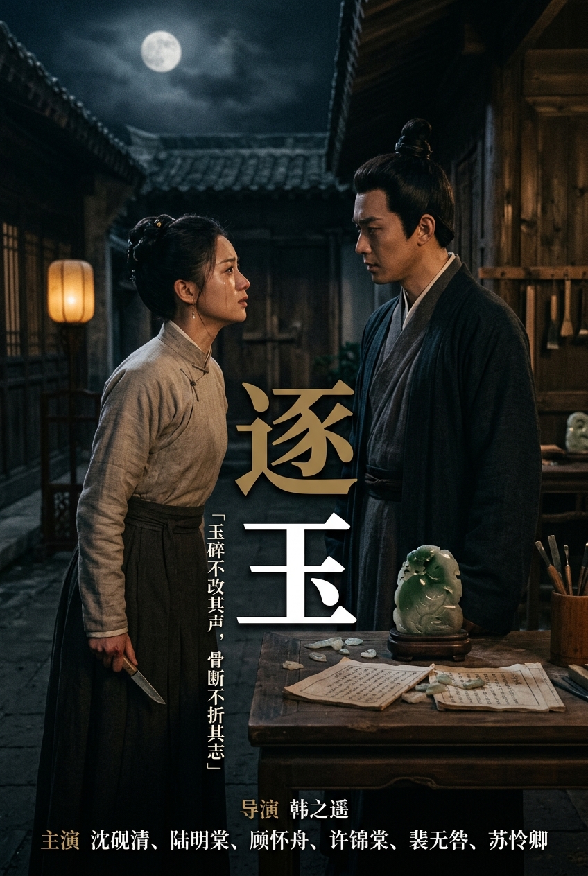 《逐玉》主视觉：沈砚清执刀侧面特写，深青灰作坊烟雾与飞扬玉屑